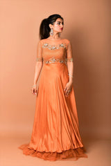 Golden handwork Orange Satin gown - Aayushi Pathania Jaipur