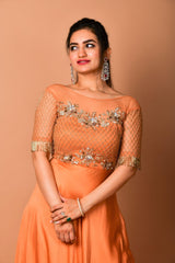 Golden handwork Orange Satin gown - Aayushi Pathania Jaipur