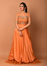 Golden handwork Orange Satin gown - Aayushi Pathania Jaipur