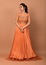 Golden handwork Orange Satin gown - Aayushi Pathania Jaipur