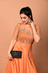 Golden handwork Orange Satin gown - Aayushi Pathania Jaipur