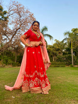 Red embroidered lehenga with contrast pink dupatta - Aayushi Pathania Jaipur