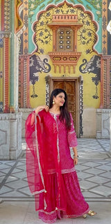 Pink Lehariya embellished sleeves Sharara Set - Aayushi Pathania Jaipur