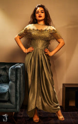 Olive color drape gown with embellished cape - Aayushi Pathania Jaipur