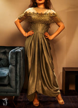 Olive color drape gown with embellished cape - Aayushi Pathania Jaipur