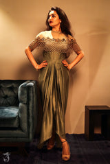 Olive color drape gown with embellished cape - Aayushi Pathania Jaipur