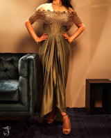 Olive color drape gown with embellished cape - Aayushi Pathania Jaipur