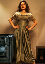 Olive color drape gown with embellished cape - Aayushi Pathania Jaipur