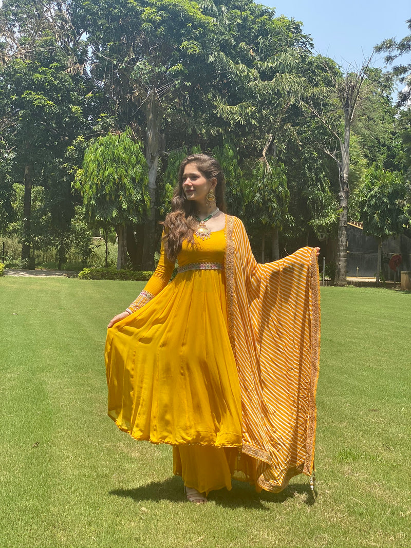 Sunflower mist color embroidered Anarkali set - Aayushi Pathania Jaipur