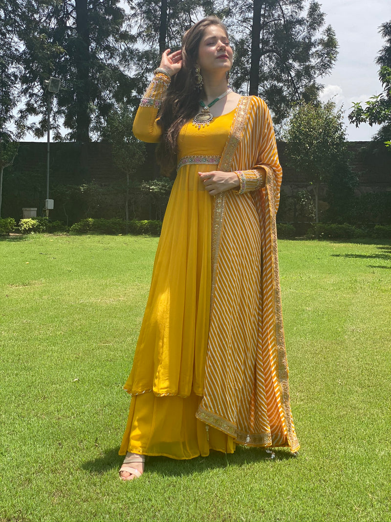 Sunflower mist color embroidered Anarkali set - Aayushi Pathania Jaipur