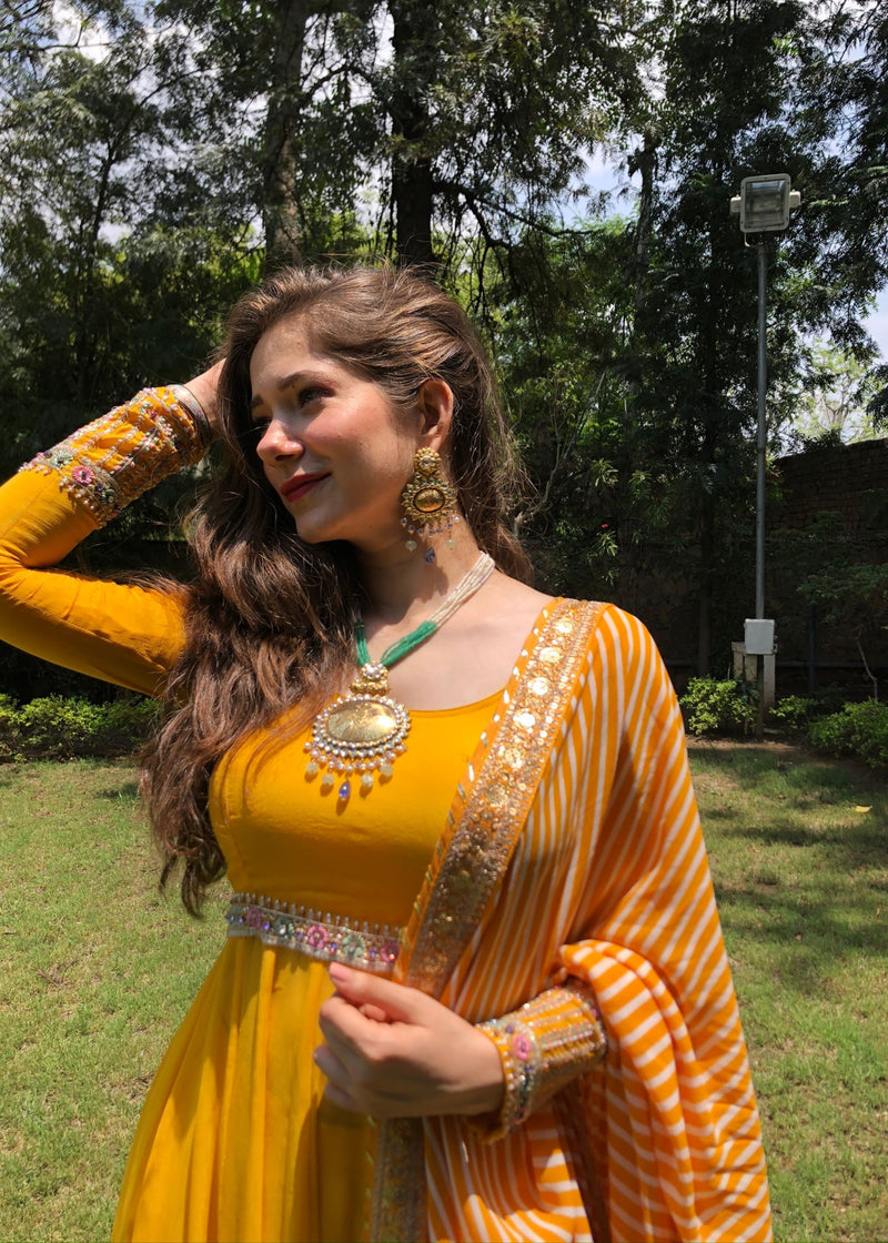 Sunflower mist color embroidered Anarkali set - Aayushi Pathania Jaipur