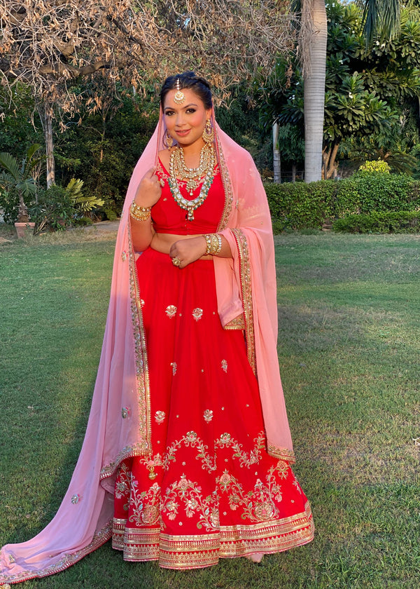 Red embroidered lehenga with contrast pink dupatta - Aayushi Pathania Jaipur